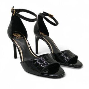 Vince Camuto Aliza Women's Size 9 Black Glossy Croco Stiletto Ankle Strap Sandal